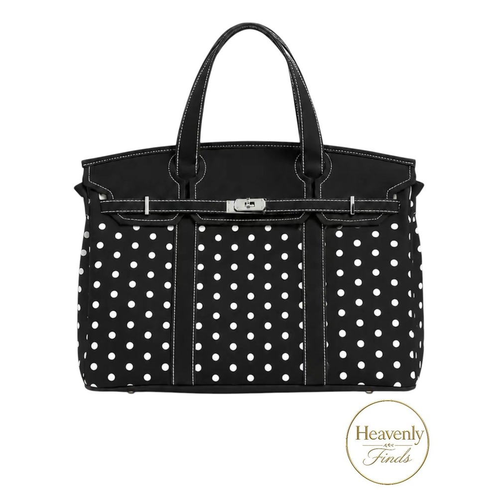 Boatkin Canvas Tote Bag Large Black White Polka Dot Chrome Hardware New Business
